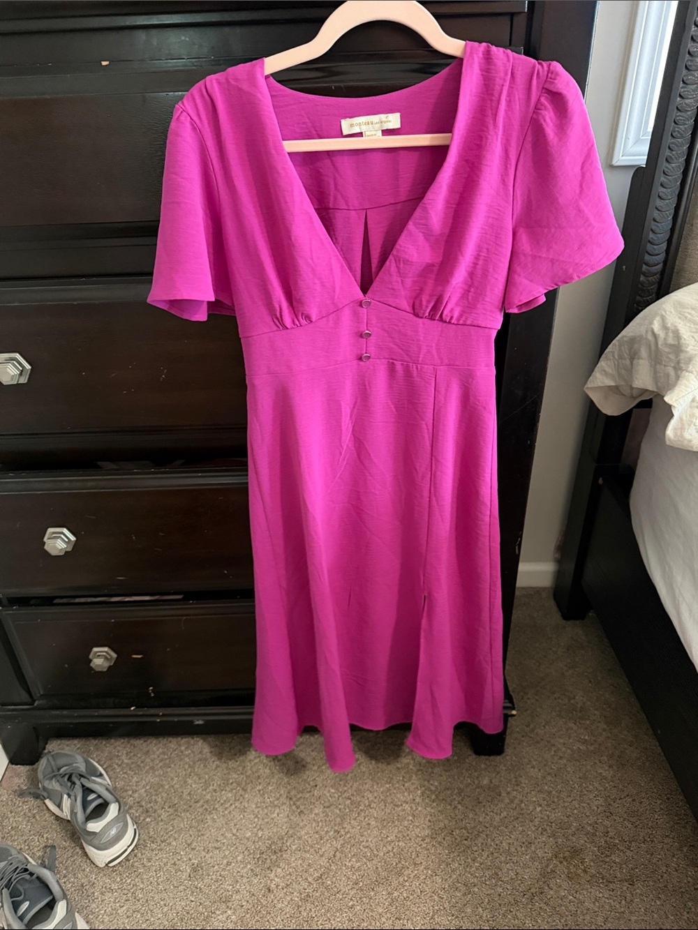 Monteau Magenta V-Neck Midi Dress with Flutter Sleeves